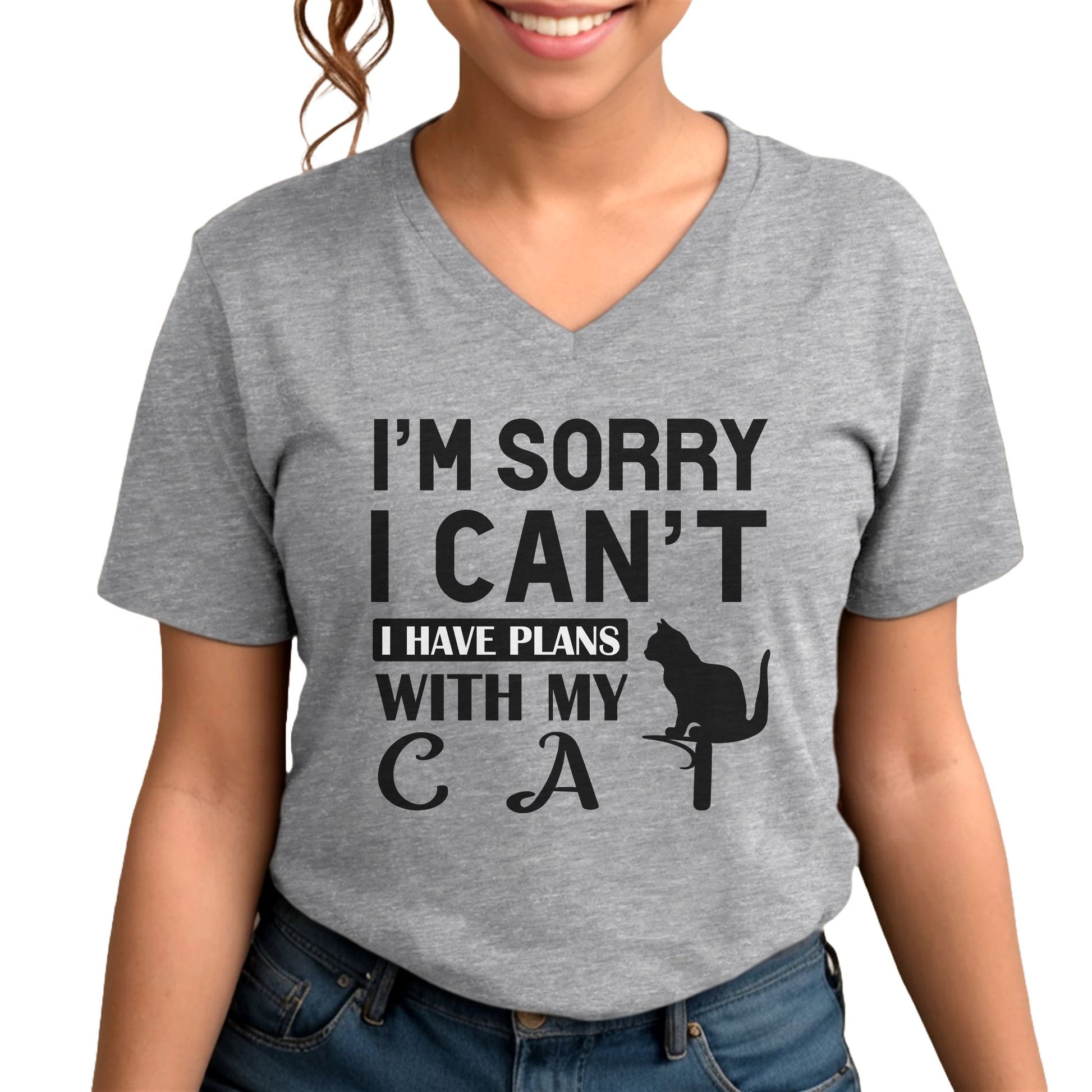 Heather Gray Plans With My Cat T-Shirt Unisex V-Neck