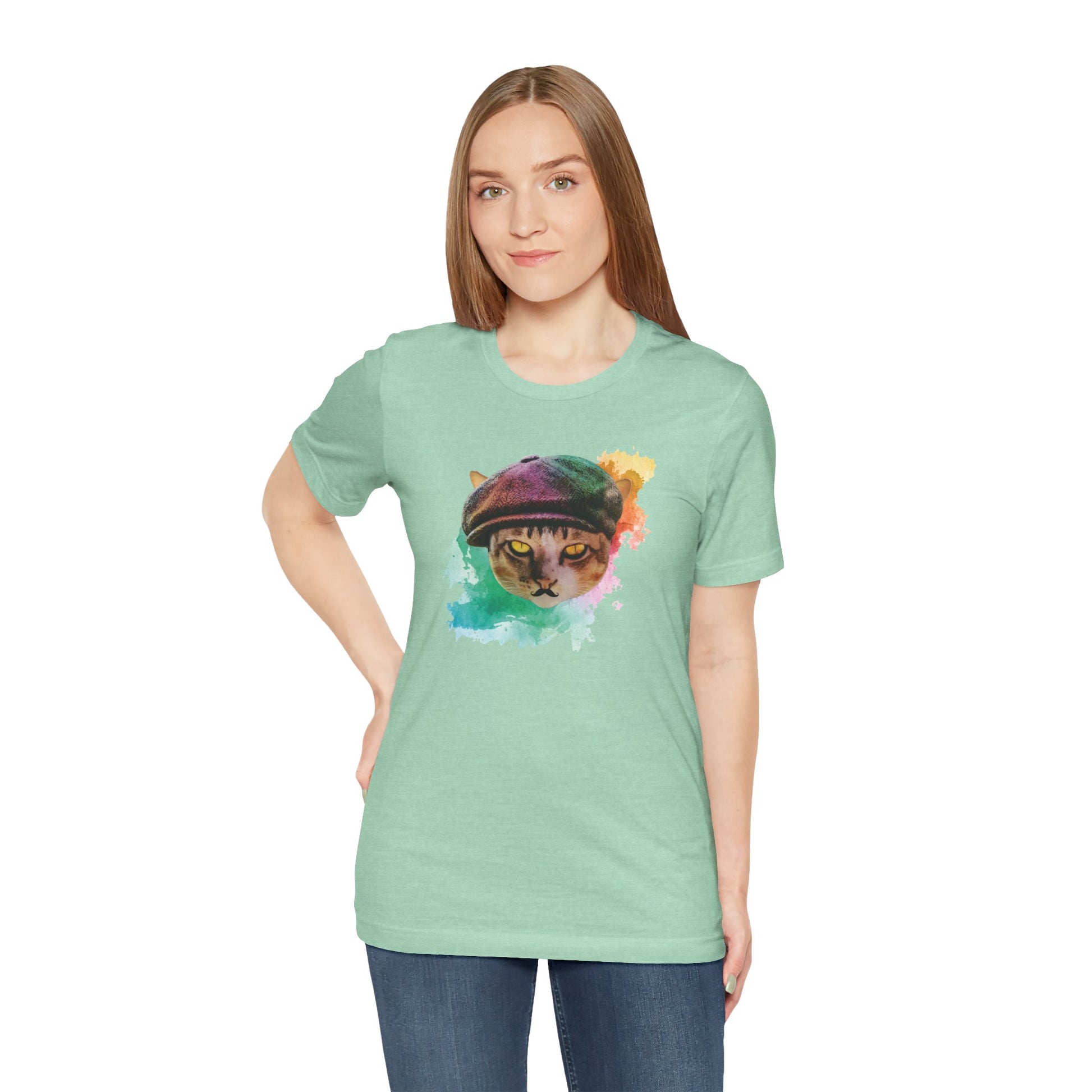 Heather Mint Baker Boy Cat T-Shirt Unisex Crew Neck