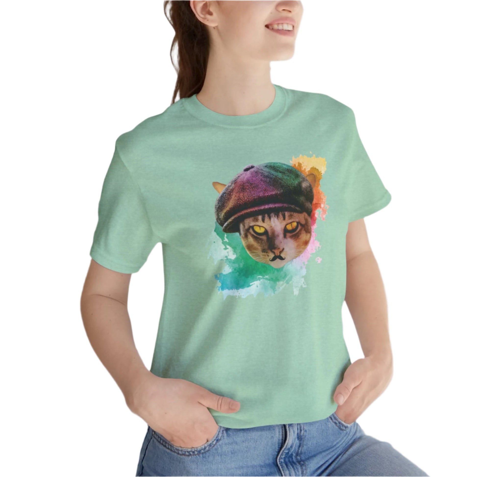 Heather Mint Baker Boy Cat T-Shirt Unisex Crew Neck