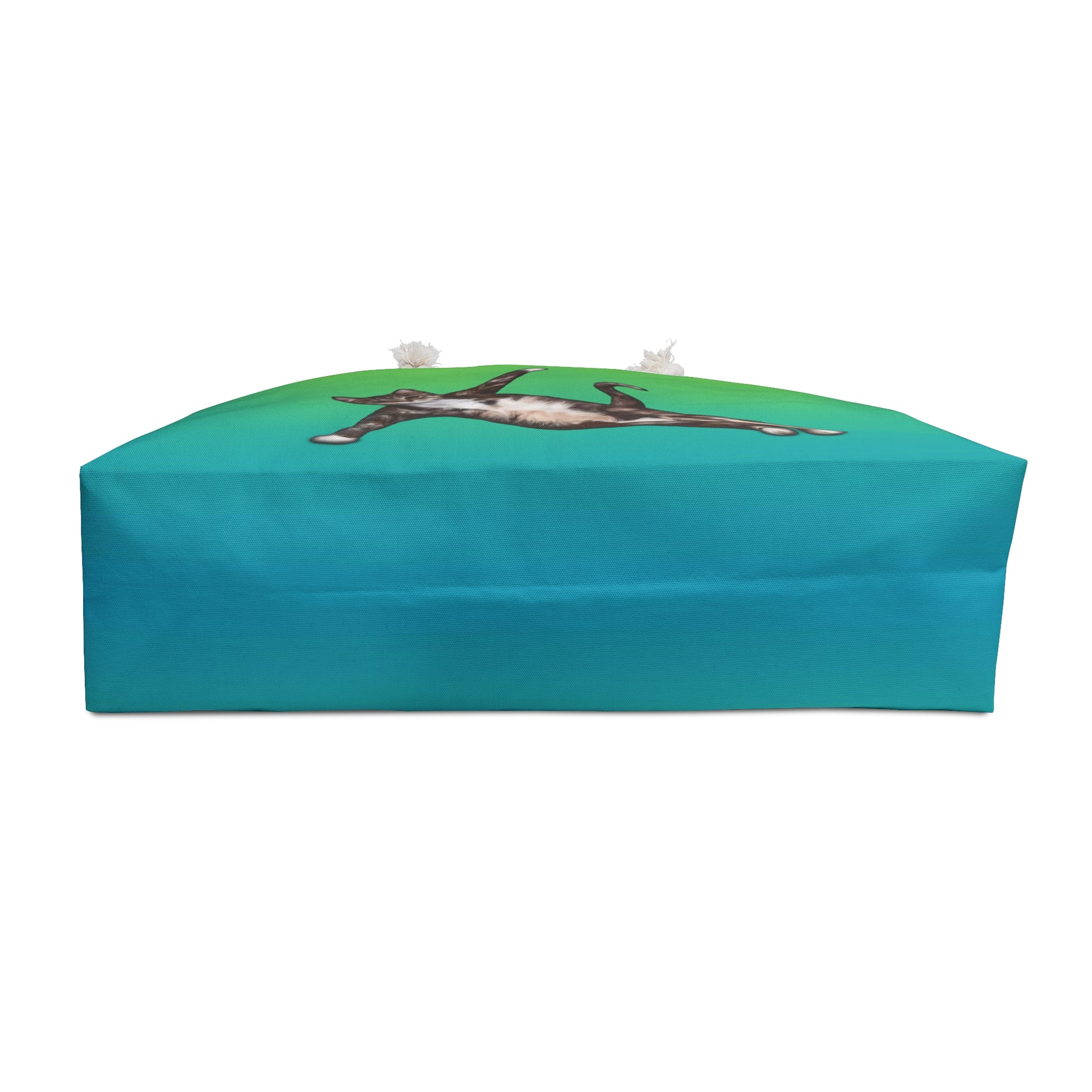 Green colored weekender tote bag with an illustration of a cat in a yoga pose