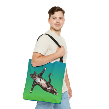 Tote bag with a cat in a yogi pose on a green gradient background