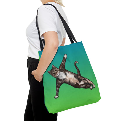 Tote bag with a cat in a yogi pose on a green gradient background
