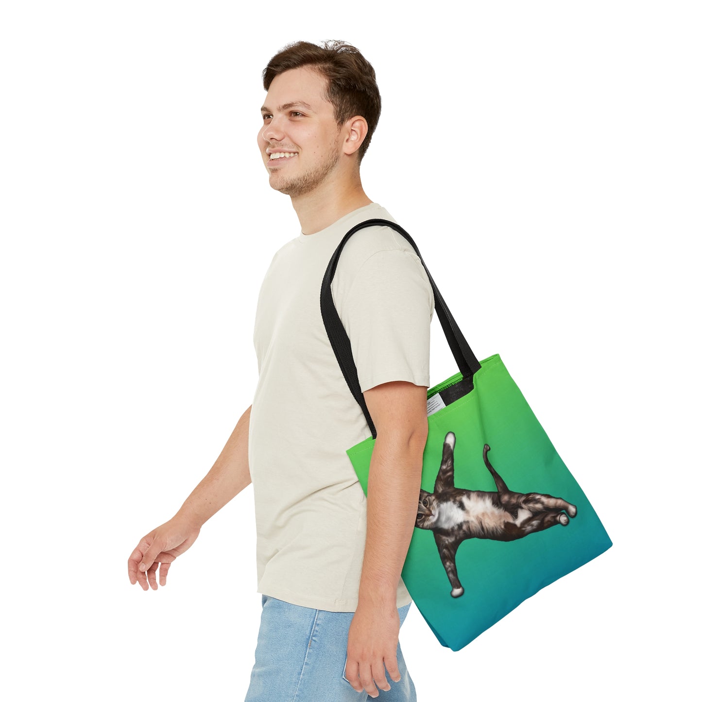 Tote bag with a cat in a yogi pose on a green gradient background