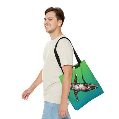 Tote bag with a cat in a yogi pose on a green gradient background