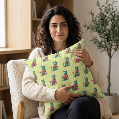 Indoor throw pillow with a repeating geometric pattern of colorful cats in blue, pink, green, and orange.