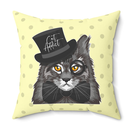 Indoor throw pillow with a Maine Coon cat wearing a top hat and bow tie on a yellow & gray polka dot background