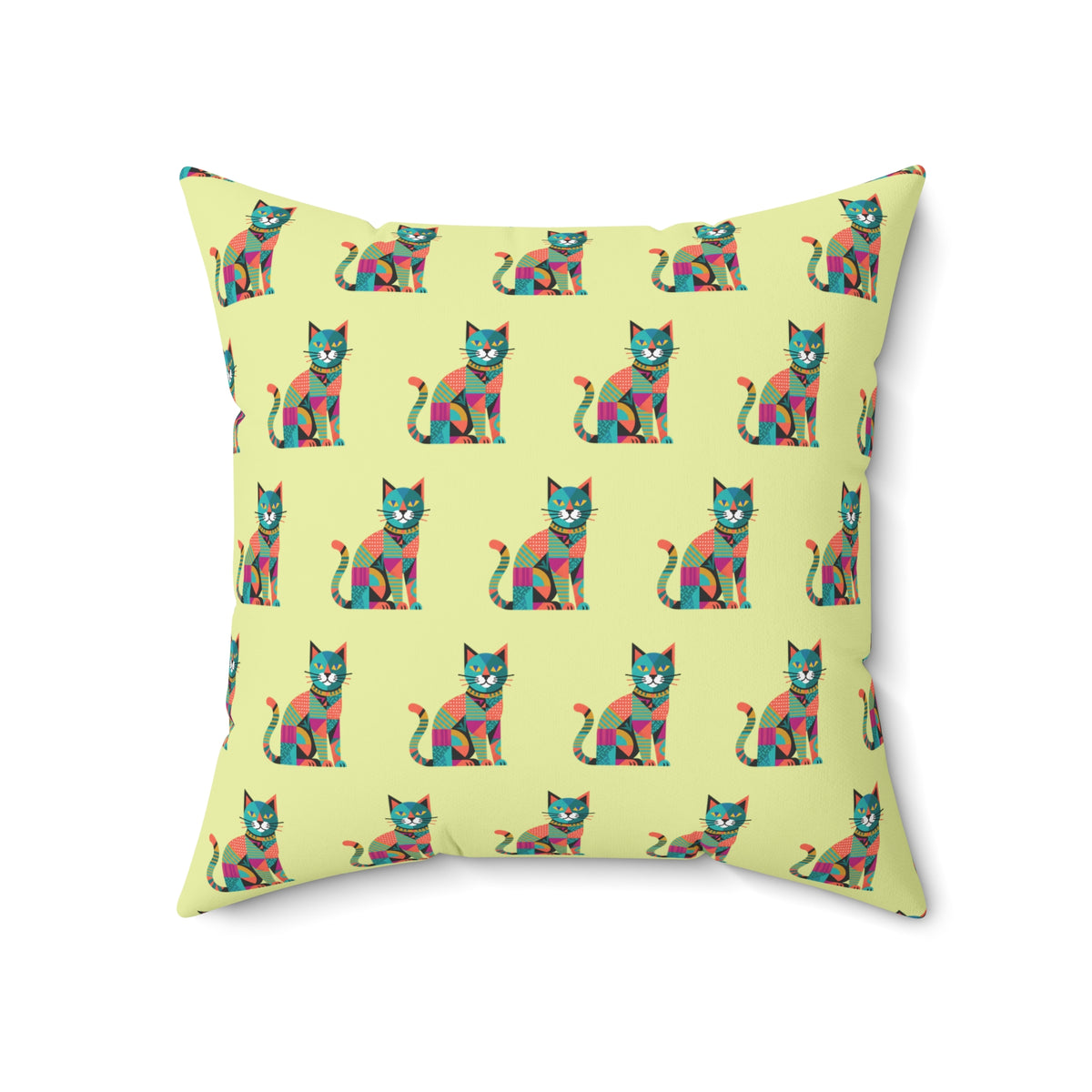 Indoor throw pillow with a repeating geometric pattern of colorful cats in blue, pink, green, and orange.