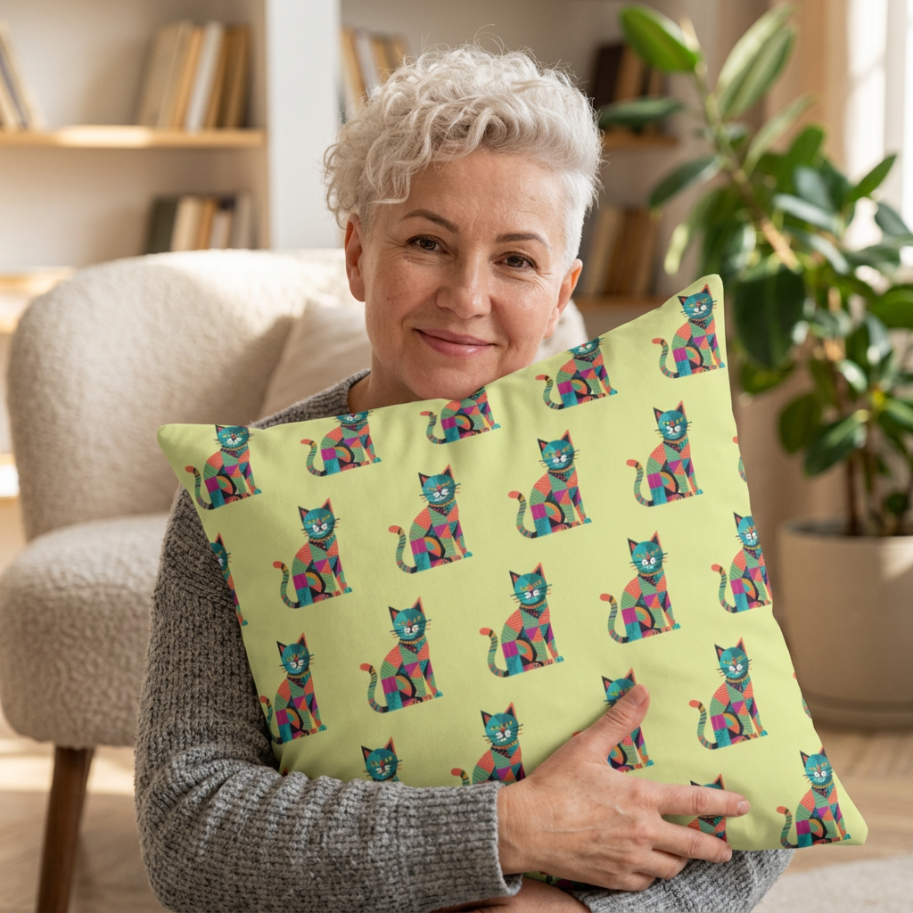 Indoor throw pillow with a repeating geometric pattern of colorful cats in blue, pink, green, and orange.