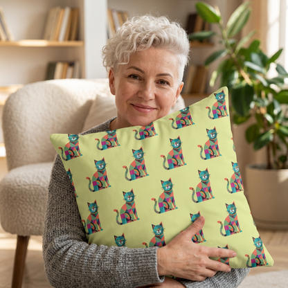 Indoor throw pillow with a repeating geometric pattern of colorful cats in blue, pink, green, and orange.