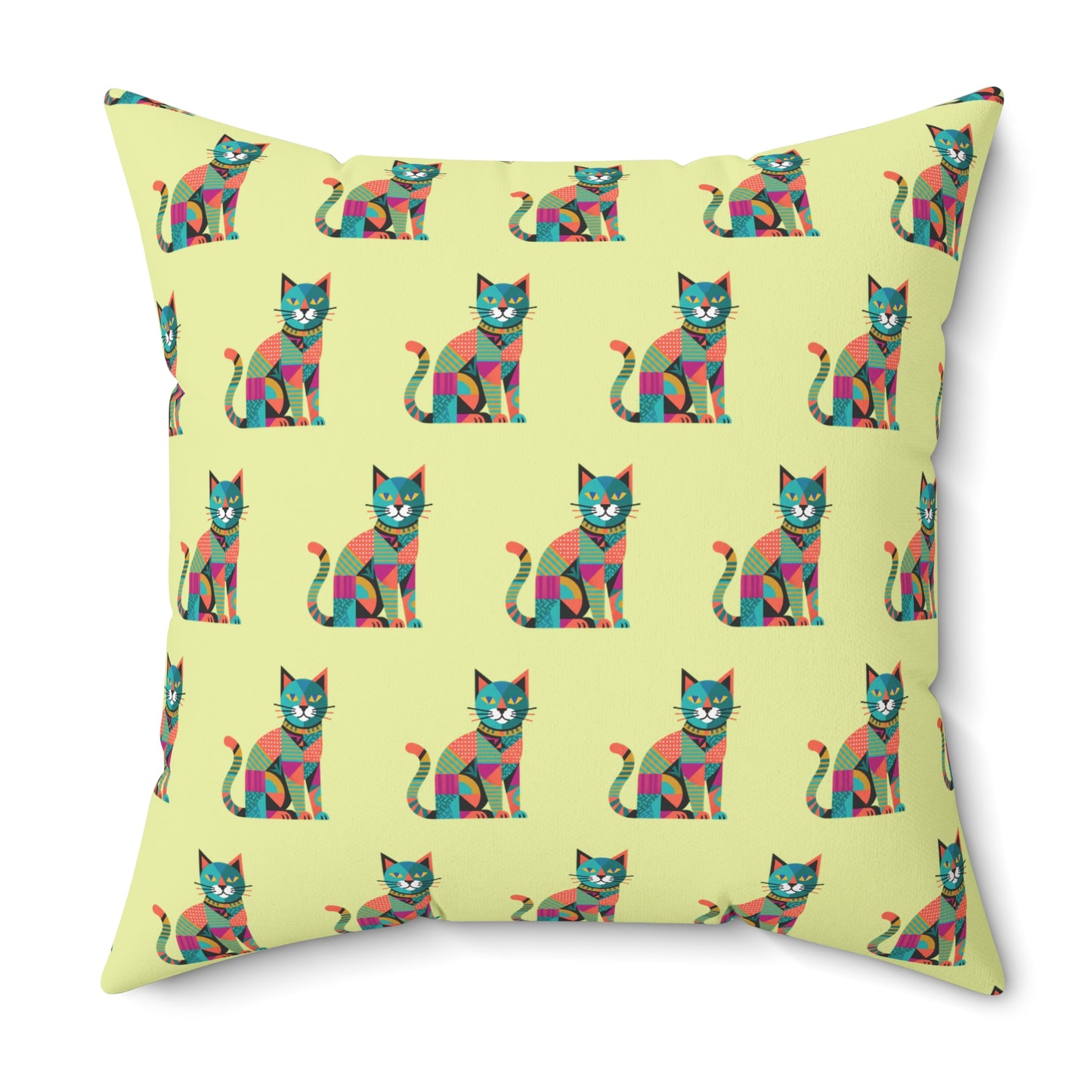 Indoor throw pillow with a repeating geometric pattern of colorful cats in blue, pink, green, and orange.