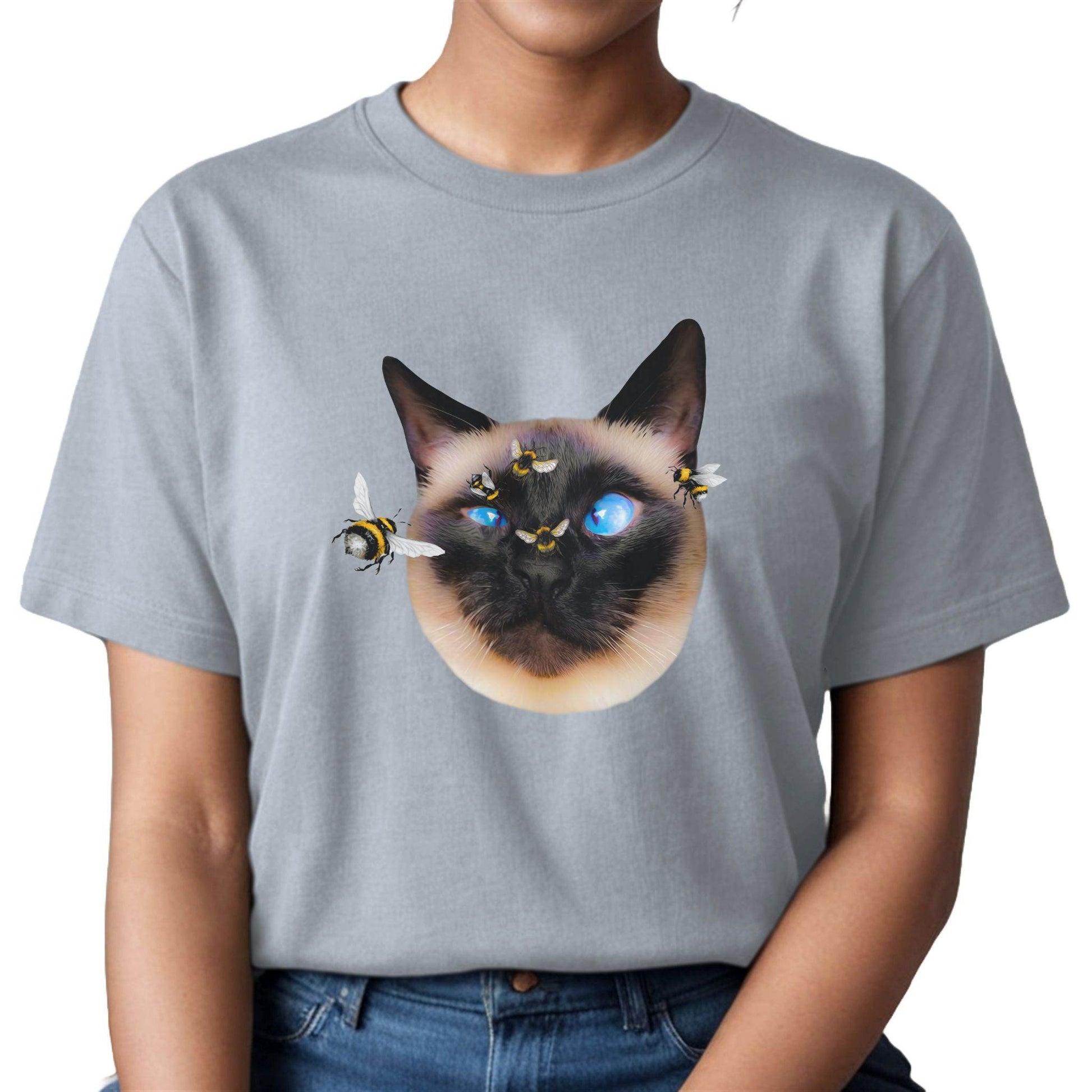Light Blue Buzz_Off_Siamese_Cat_T-Shirt Unisex Crew Neck