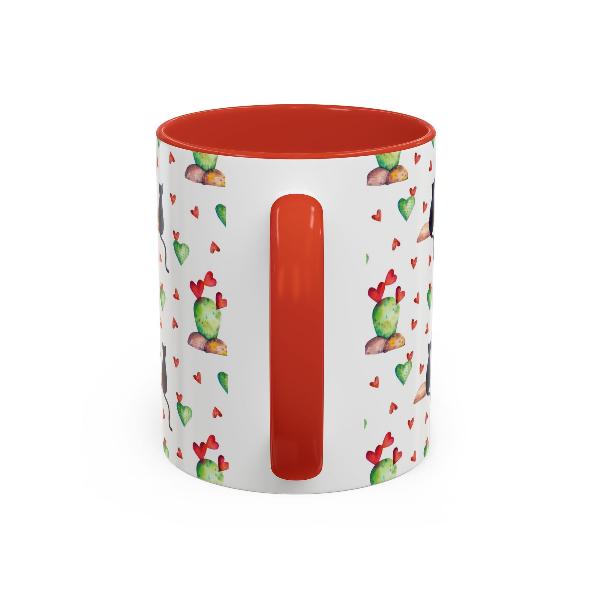 Mug featuring cat, heart and cactus pattern.
