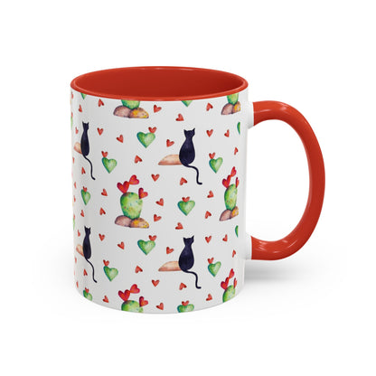 Mug featuring cat, heart and cactus pattern.