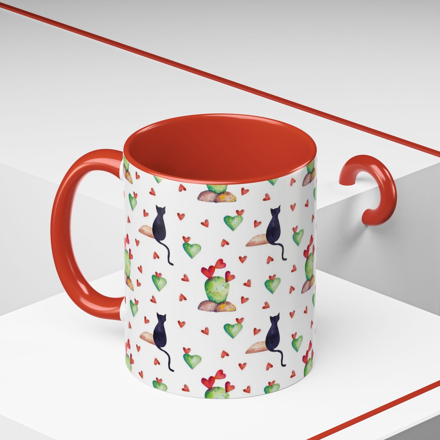 Mug featuring cat, heart and cactus pattern.