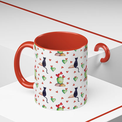 Mug featuring cat, heart and cactus pattern.
