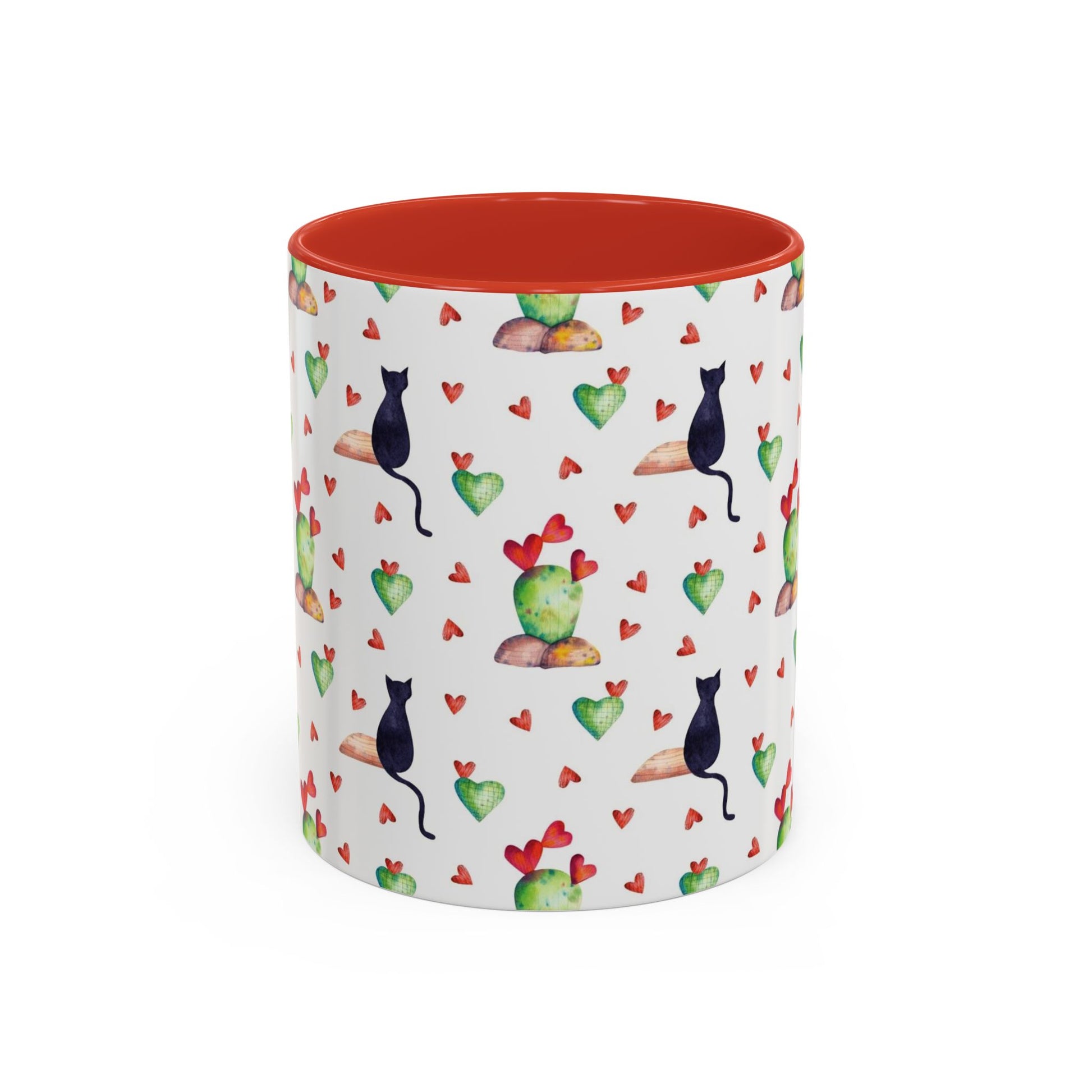 Mug featuring cat, heart and cactus pattern.