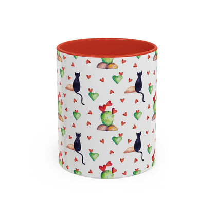 Mug featuring cat, heart and cactus pattern.