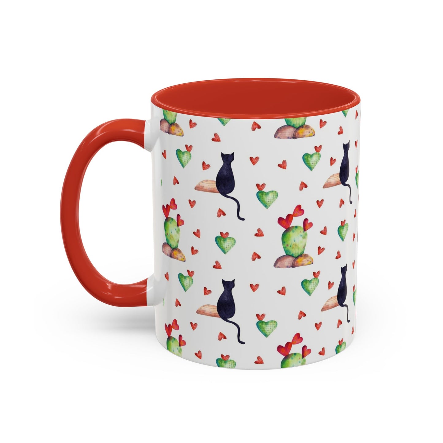 Mug featuring cat, heart and cactus pattern.