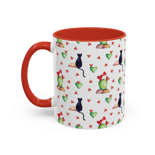 Mug featuring cat, heart and cactus pattern.