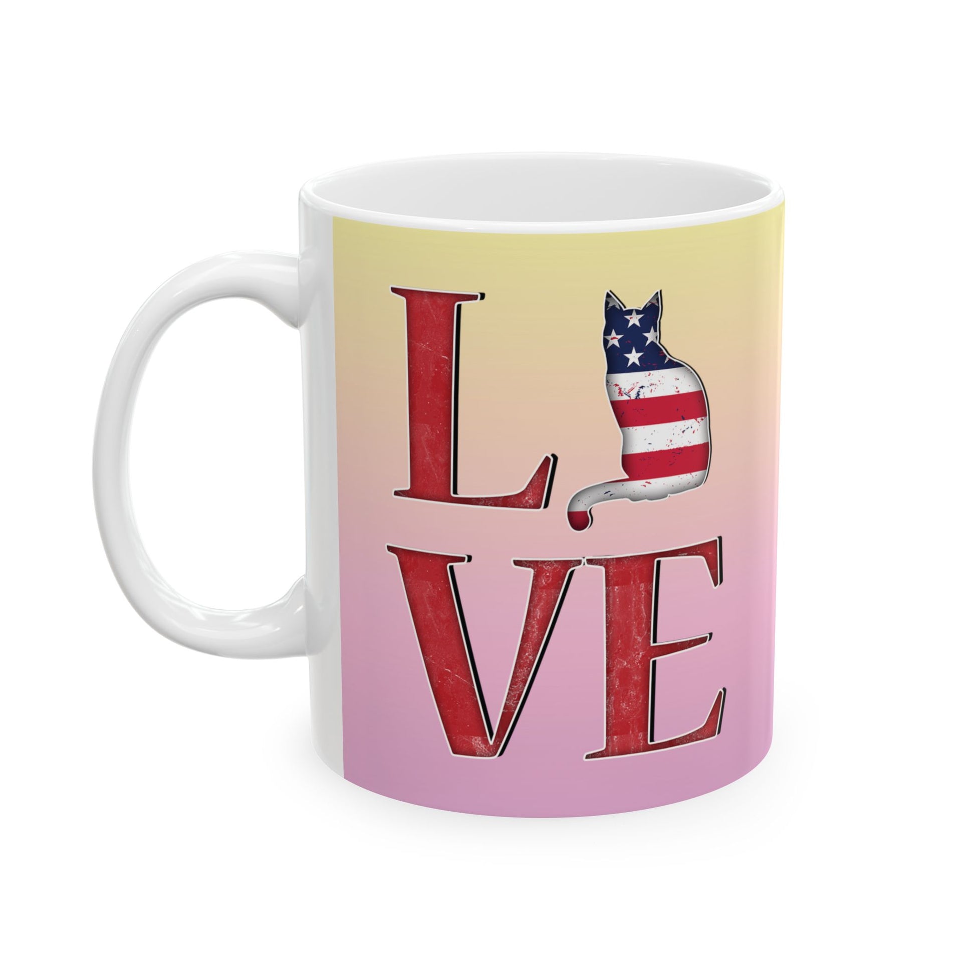 Mug with 'LOVE' text and graphics of cat silhouettes in the Stars and Stripes.