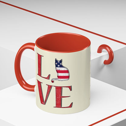 Red mug with LOVE text and cat silhouette graphics in colors of American flag.