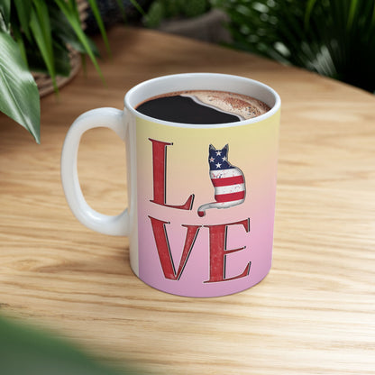 Mug with 'LOVE' text and graphics of cat silhouettes in the Stars and Stripes.