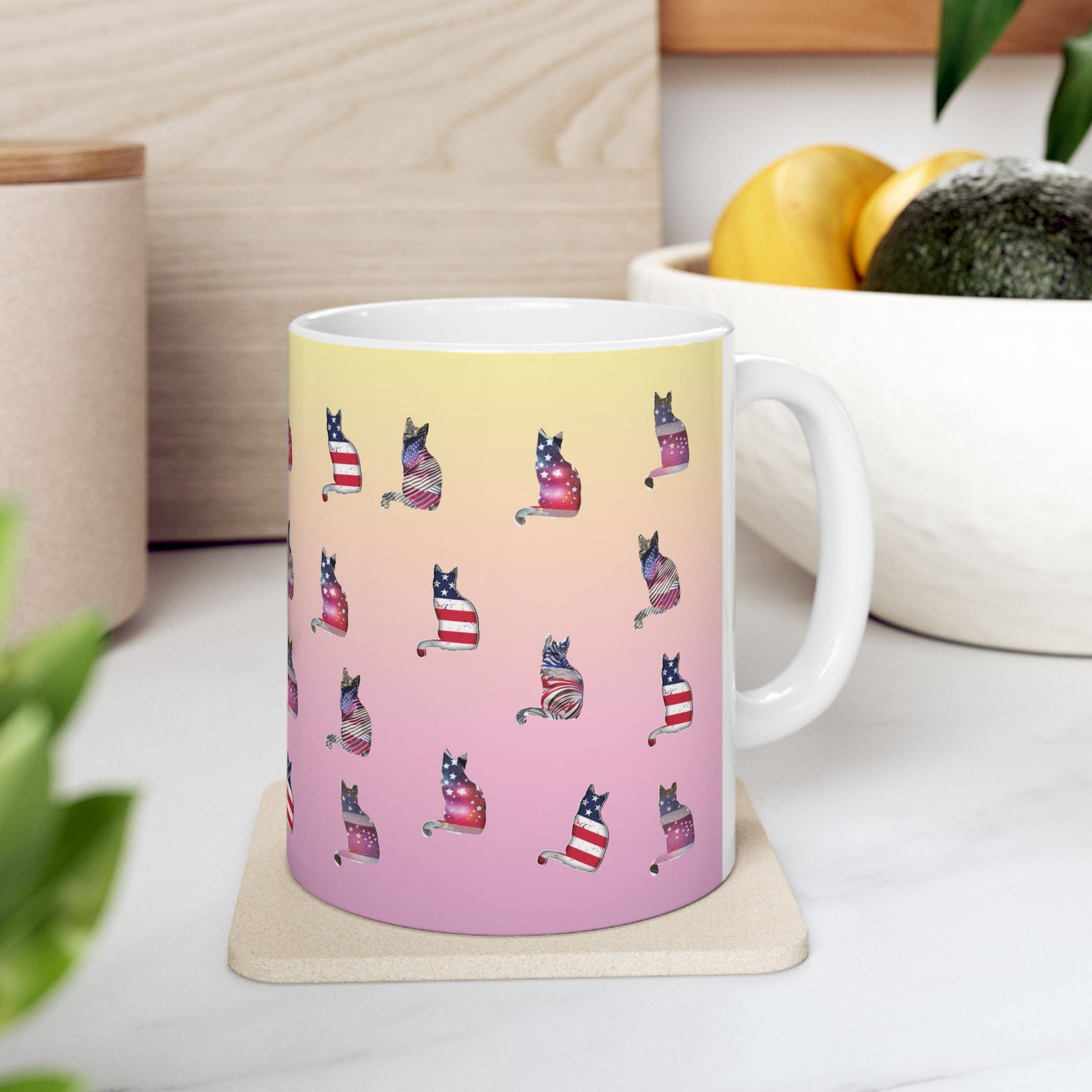 Mug with 'LOVE' text and graphics of cat silhouettes in the Stars and Stripes.
