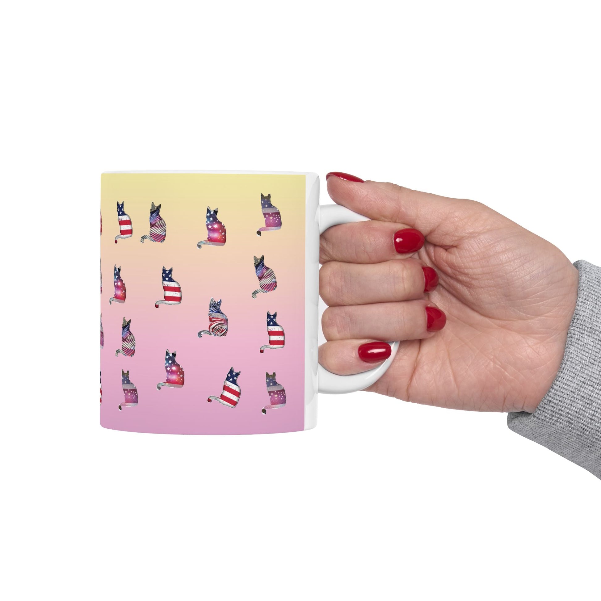 Mug with 'LOVE' text and graphics of cat silhouettes in the Stars and Stripes.