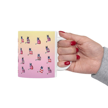 Mug with 'LOVE' text and graphics of cat silhouettes in the Stars and Stripes.