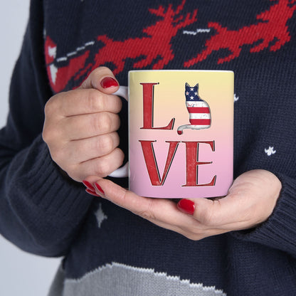 Mug with 'LOVE' text and graphics of cat silhouettes in the Stars and Stripes.
