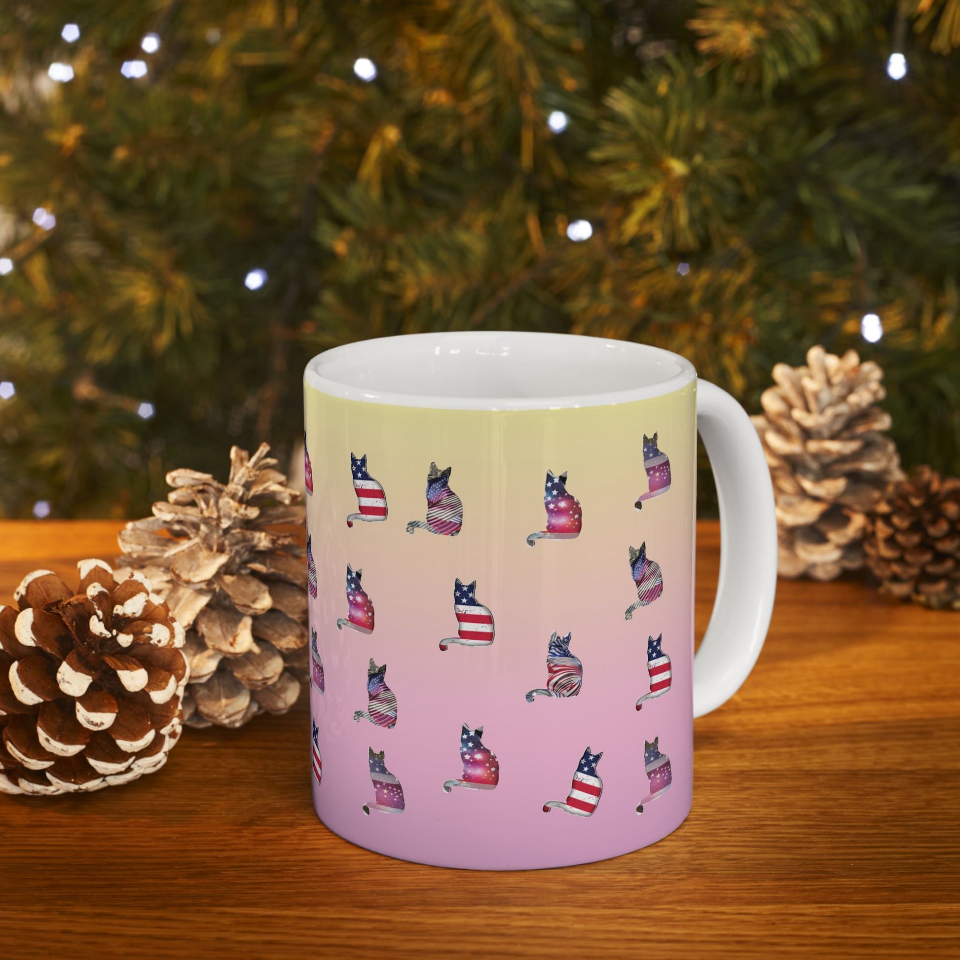 Mug with 'LOVE' text and graphics of cat silhouettes in the Stars and Stripes.