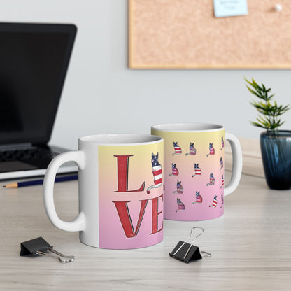 Mug with 'LOVE' text and graphics of cat silhouettes in the Stars and Stripes.