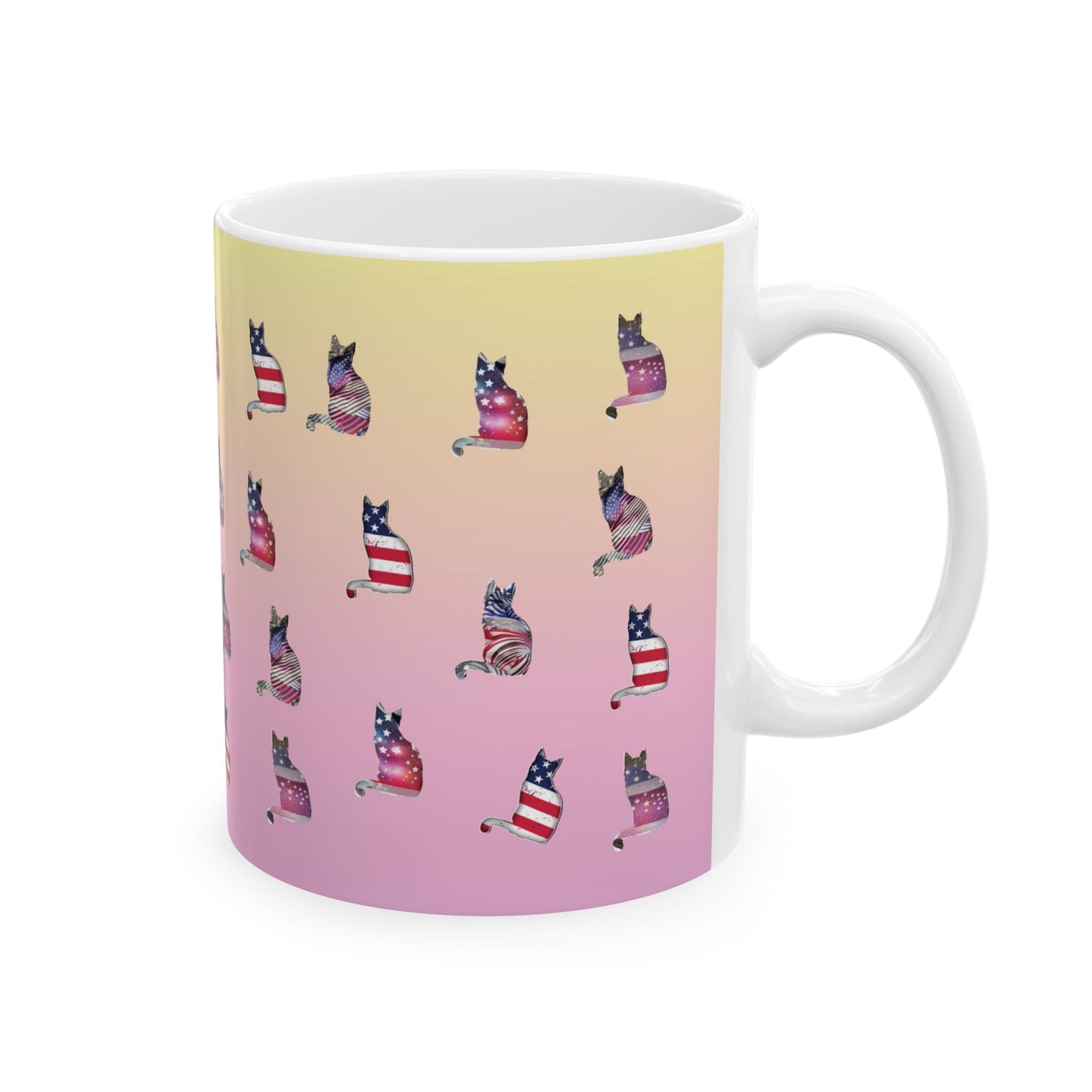 Mug with 'LOVE' text and graphics of cat silhouettes in the Stars and Stripes.