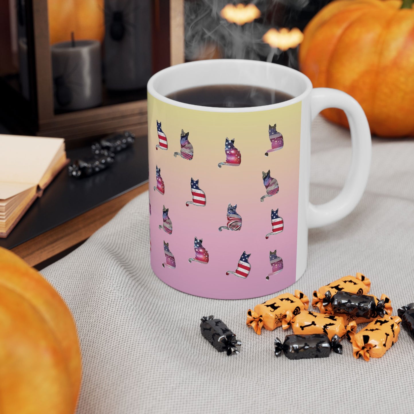 Mug with 'LOVE' text and graphics of cat silhouettes in the Stars and Stripes.