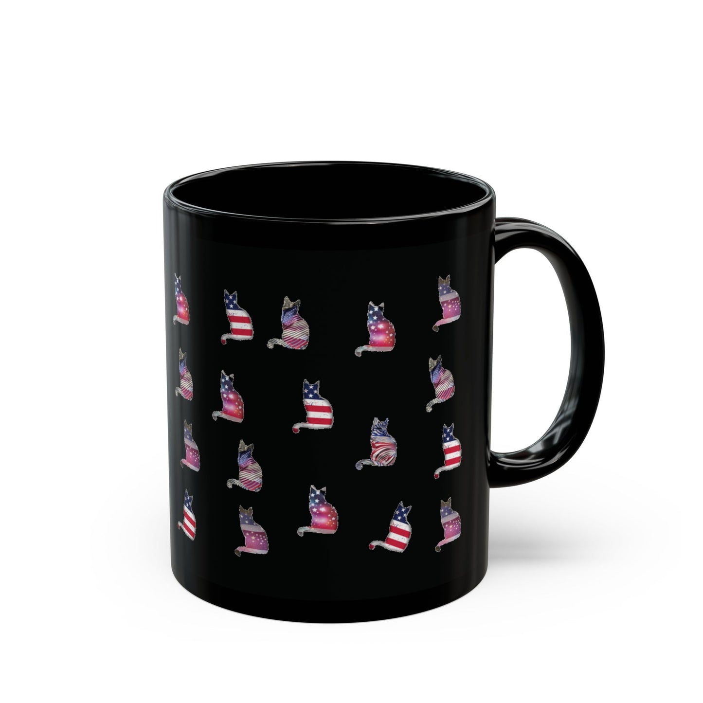 Black mug with 'LOVE' text design featuring a cat silhouette in colors of the American flag.