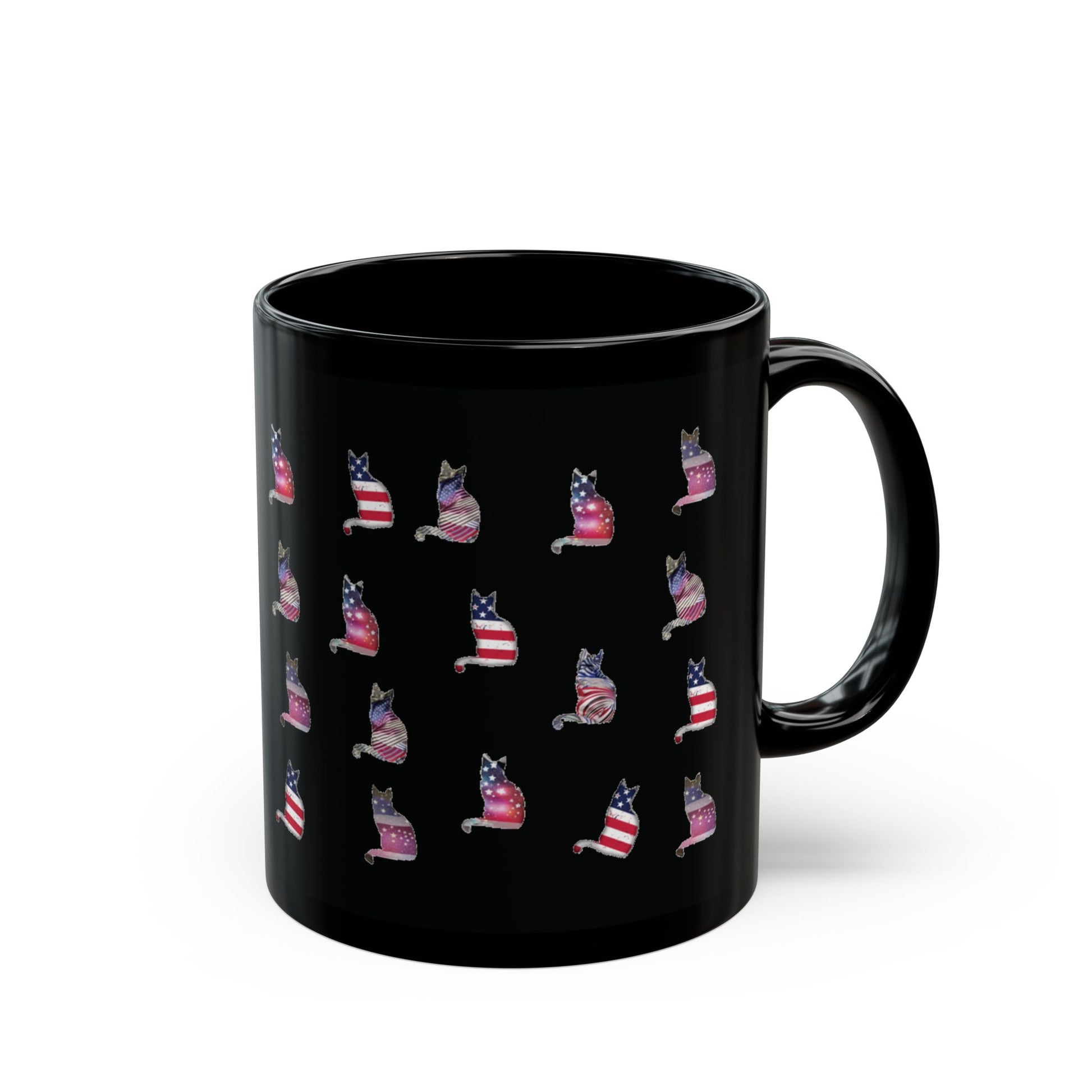 Black mug with 'LOVE' text design featuring a cat silhouette in colors of the American flag.