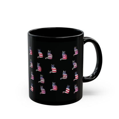 Black mug with 'LOVE' text design featuring a cat silhouette in colors of the American flag.