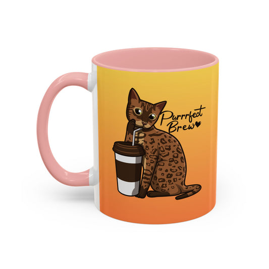 Mug with a Bengal cat design and 'Purrrfect Brew' text.