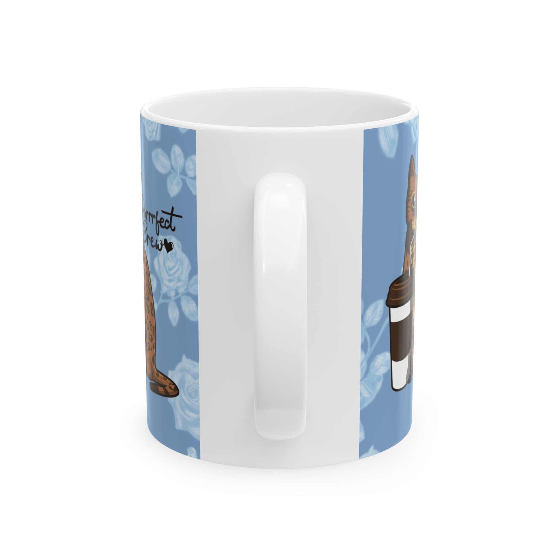 Mug with a Bengal cat drinking from a coffee cup and 'Purrrfect Brew' text on a blue floral patterned background.