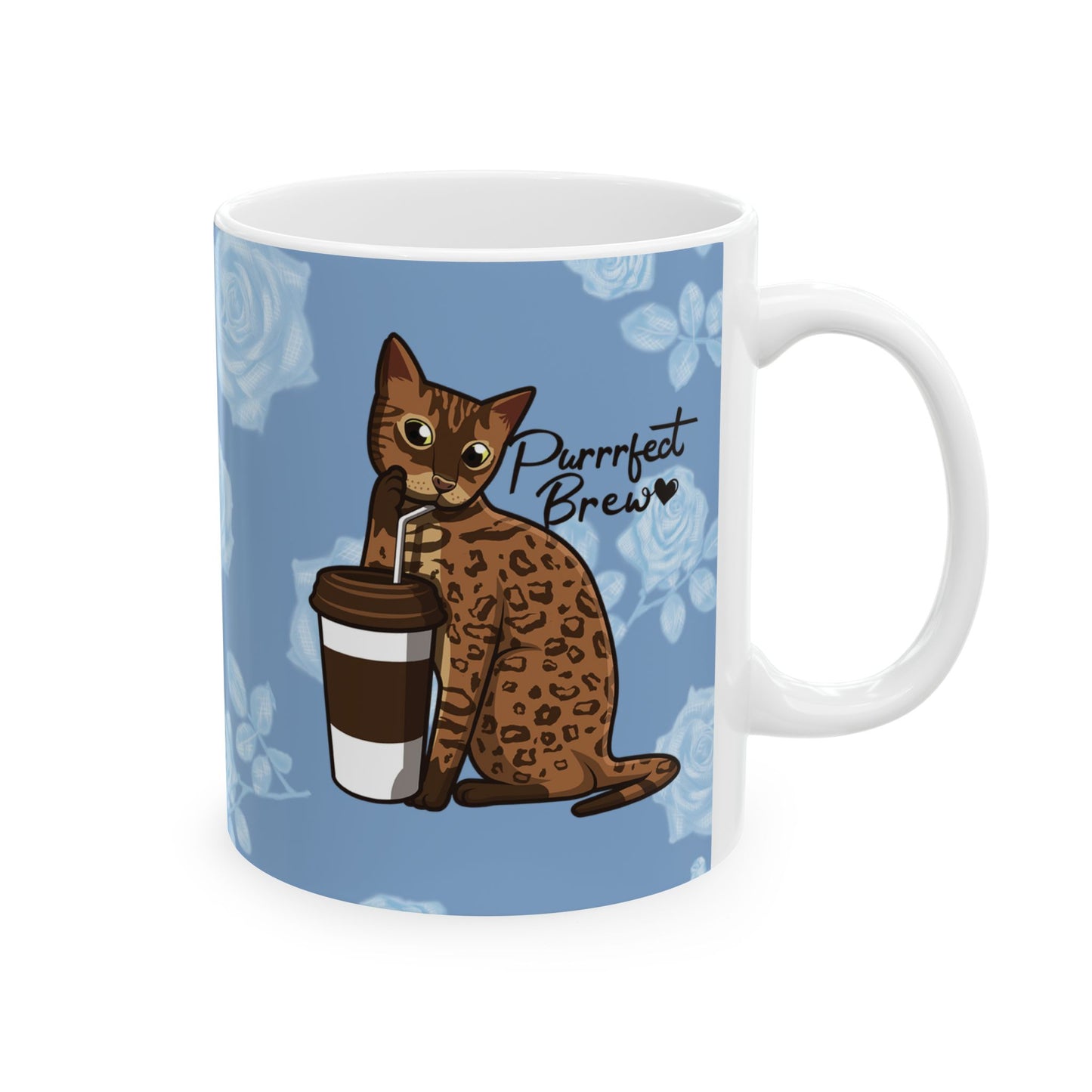 Mug with a Bengal cat drinking from a coffee cup and 'Purrrfect Brew' text on a blue floral patterned background.