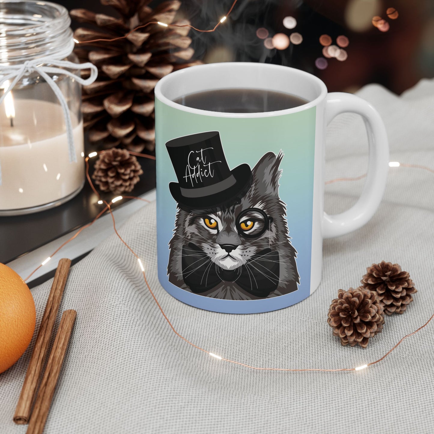 Mug with a Maine Coon cat illustration and the text 'Cat Addict.'