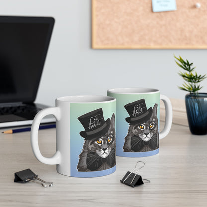 Mug with a Maine Coon cat illustration and the text 'Cat Addict.'