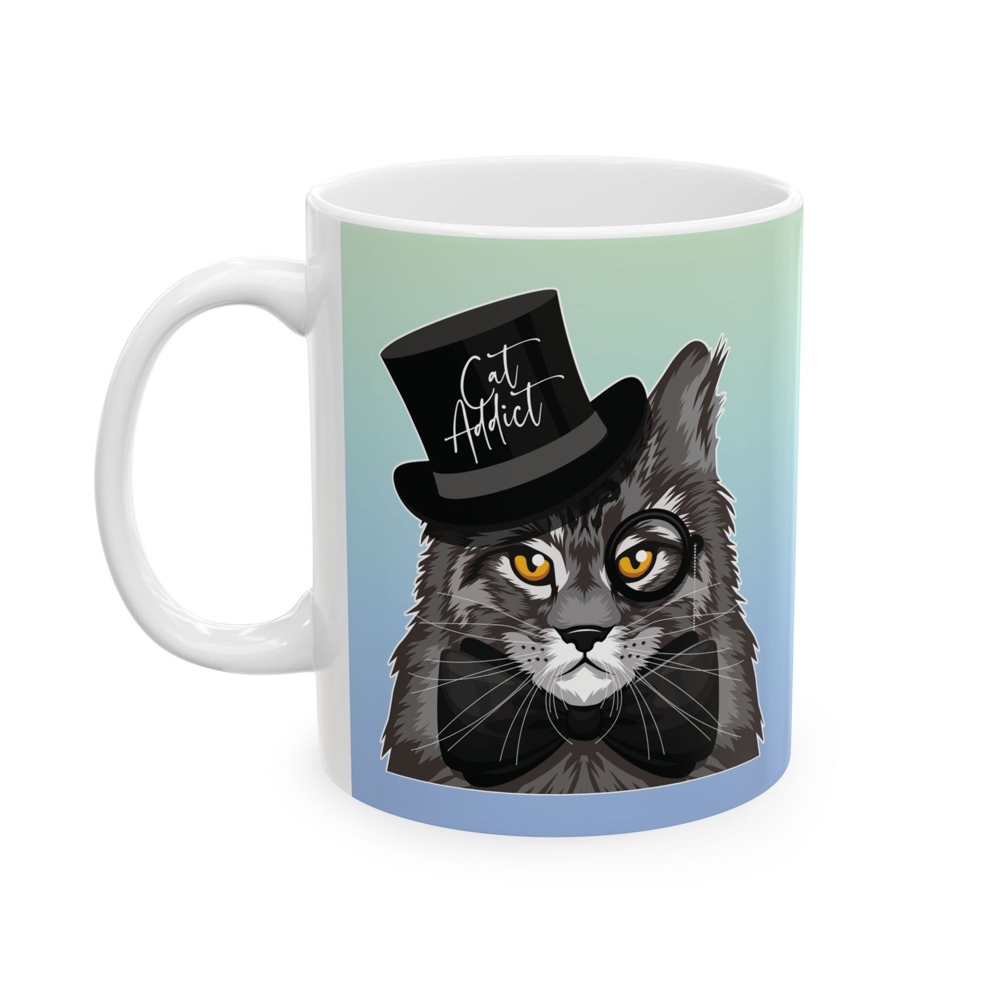 Mug with a Maine Coon cat illustration and the text 'Cat Addict.'