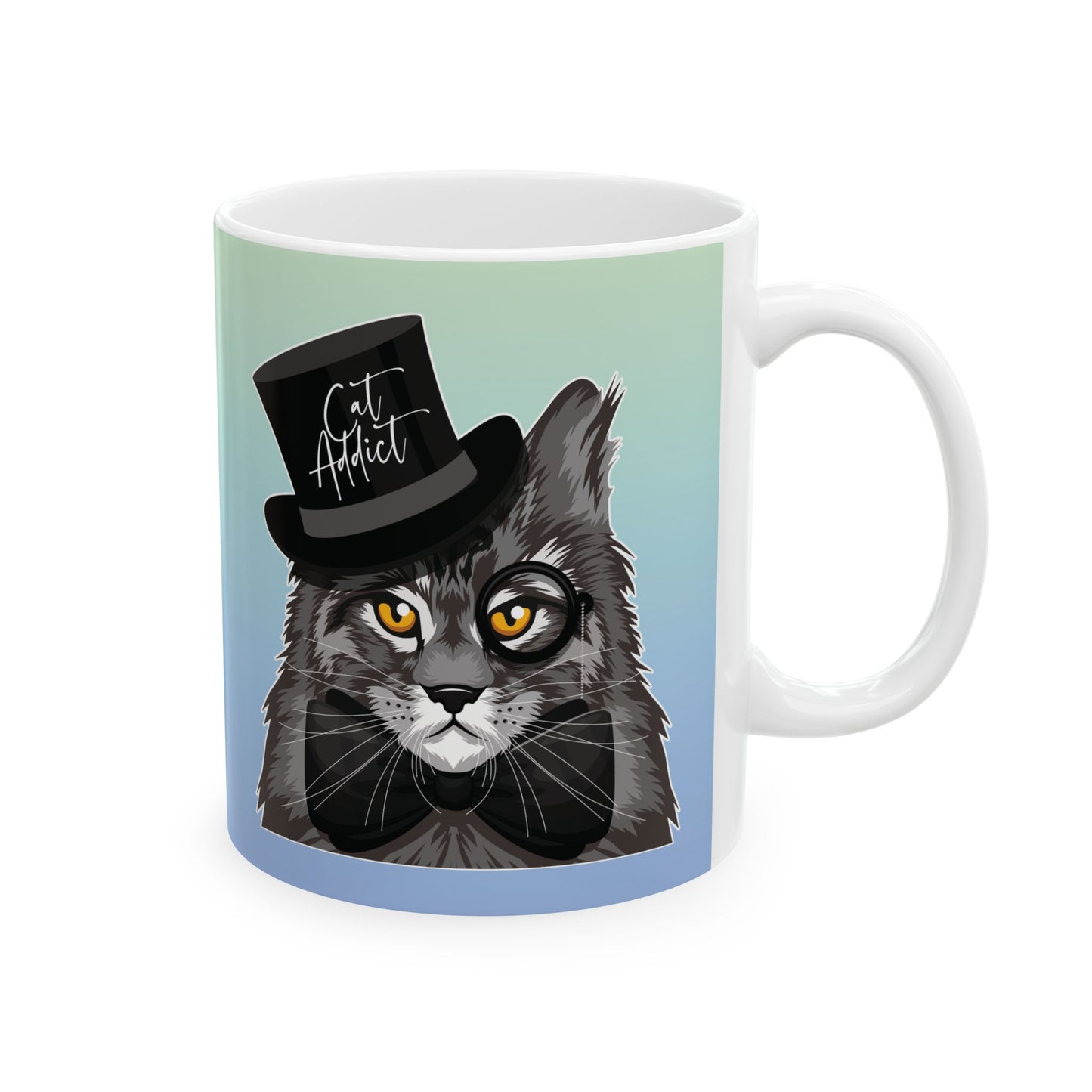 Mug with a Maine Coon cat illustration and the text 'Cat Addict.'