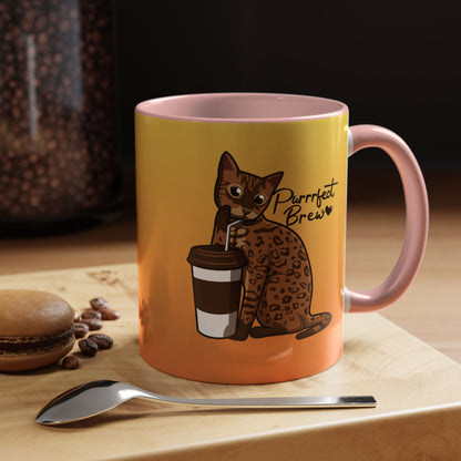 Mug with a Bengal cat design and 'Purrrfect Brew' text.