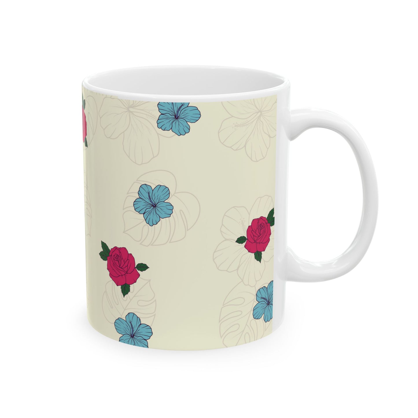 Mug with a cat in a yoga pose on a floral background.