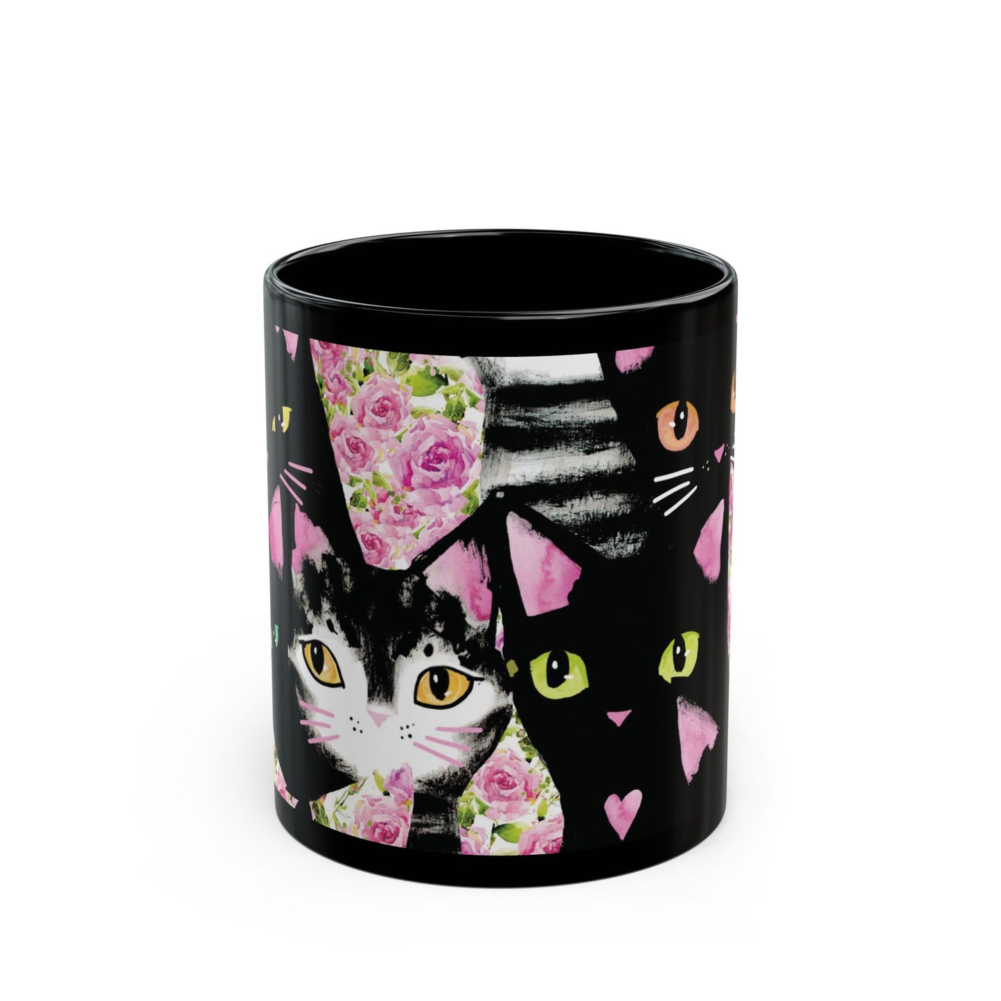 Black mug with a colorful abstract cat design.