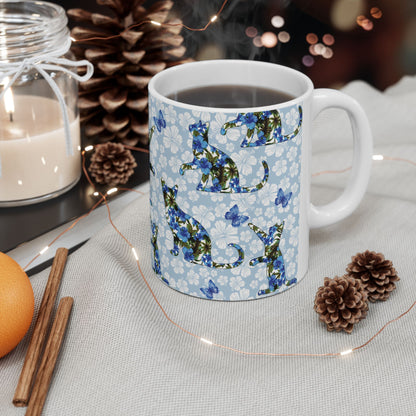 Mug with cat, floral and butterfly pattern 