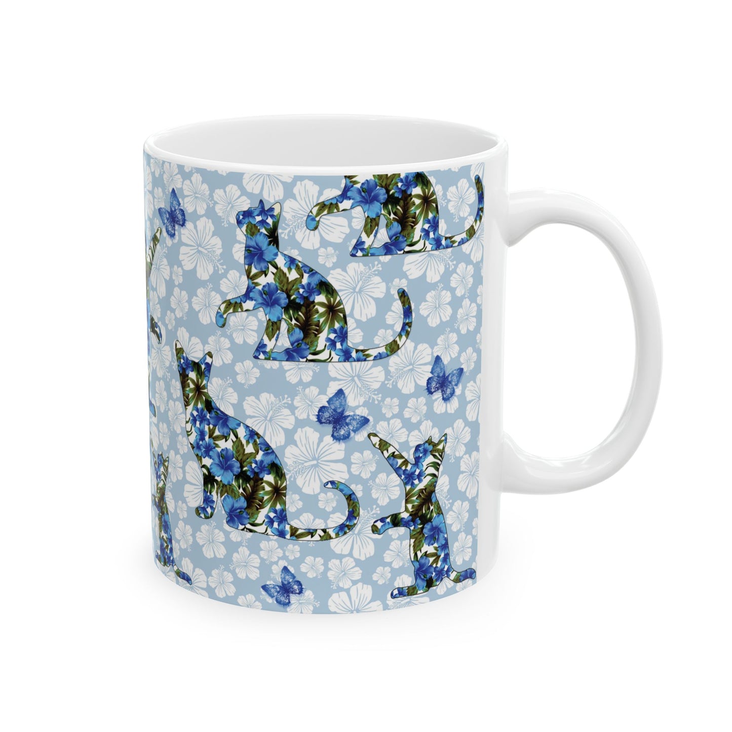 Mug with cat, floral and butterfly pattern 