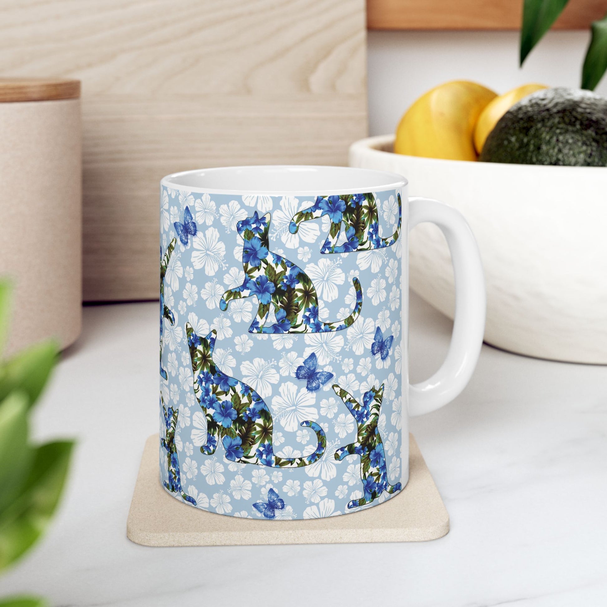 Mug with cat, floral and butterfly pattern 